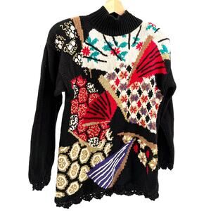 Vintage 90s Casual Corner Black Asian Floral Fan Graphic Beaded Sweater